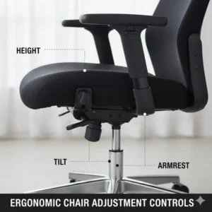 Image of the various adjustment levers (height, tilt, armrest) on a high-quality ergonomic chair.