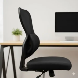 Side profile of the ergonomic desk chair back support cushion, illustrating its curved shape designed to fill the natural gap above the waist.