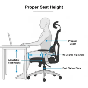 Illustration showing the correct adjustment of seat height and depth on a back support chair for healthy leg and hip posture.