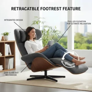 An image demonstrating the use of a retractable footrest integrated into the base of the ergonomic lounge chair for full leg elevation.