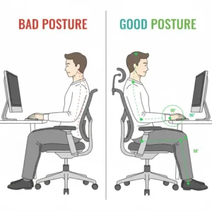 Side-by-side illustration comparing poor, hunched-over seating with the healthy, straight back supported by an effective posture chair.