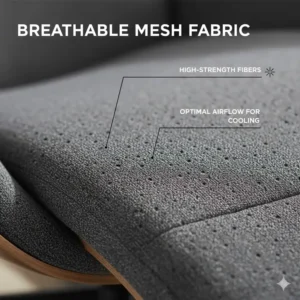 Texture shot of the breathable mesh fabric used on the seat and back of the ergonomic lounge chair to maximize airflow and comfort.