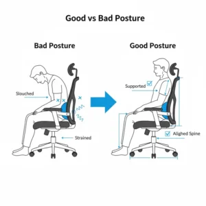 Visual comparison of poor, slumped sitting posture versus correct, good posture, with this ergonomic back support chair providing full spine alignment.