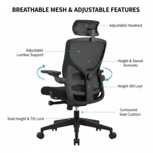 An illustration of a chair with a breathable mesh back and adjustable features, vital for extended sitting with back pain.