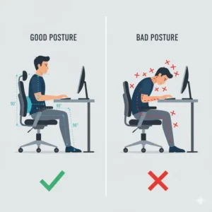 Illustration comparing correct, upright sitting posture in an ergonomic chair versus slouched posture in a standard best office chair for back pain.