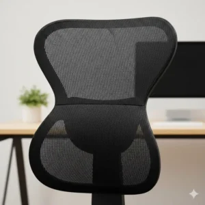 Simple graphic showing a comparison between poor posture and correct, upright sitting achieved with the desk chair back support cushion.