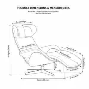 Technical line drawing showing the complete dimensions and measurements of the ergonomic lounge chair for accurate sizing and placement.