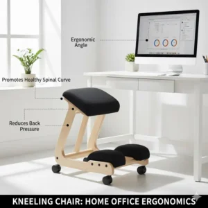 A kneeling chair used in a home office setting to promote a healthy spinal curve and reduce pressure.