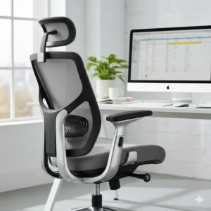 Technical drawing showing the dimensions and optimal height adjustments of the posture chair for user sizing.