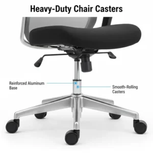Detailed image of the heavy-duty casters and stable base of a quality back support chair.