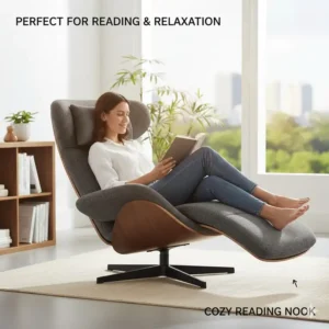 A lifestyle shot of a person comfortably reading a book while seated in the stylish ergonomic lounge chair in a well-lit corner.