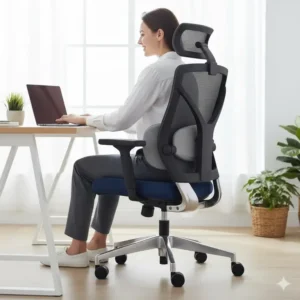 A person sitting comfortably and working at a desk using the best office chair for back pain in a home office setting.