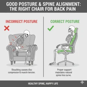 Graphic showing how the design of a best living room chair for back pain sufferers promotes neutral spinal alignment.