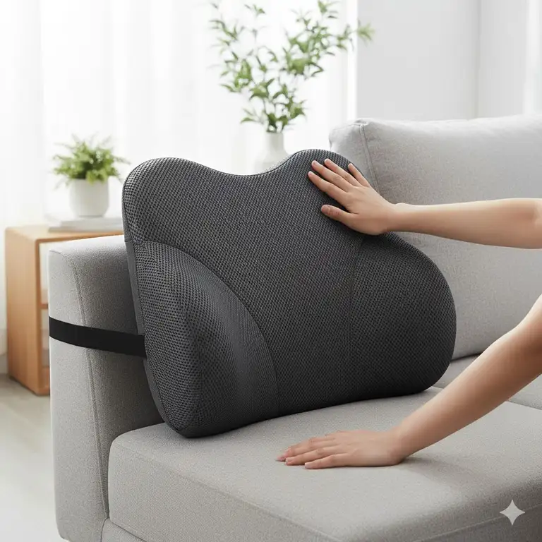 Ergonomic back support for sofa cushion shown on a light gray sofa, providing lumbar support and improving posture.