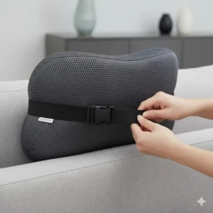 Detail shot of the secure, adjustable strap mechanism used to fasten the back support for sofa firmly to the sofa cushion.