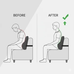 Before and after illustration demonstrating improved posture and spinal alignment using the back support for sofa.
