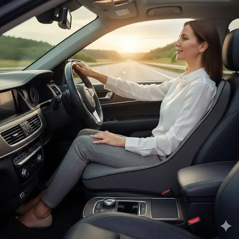 A comfortable driver using the best car seat cushion for sciatica to relieve lower back and leg pain on a long drive.