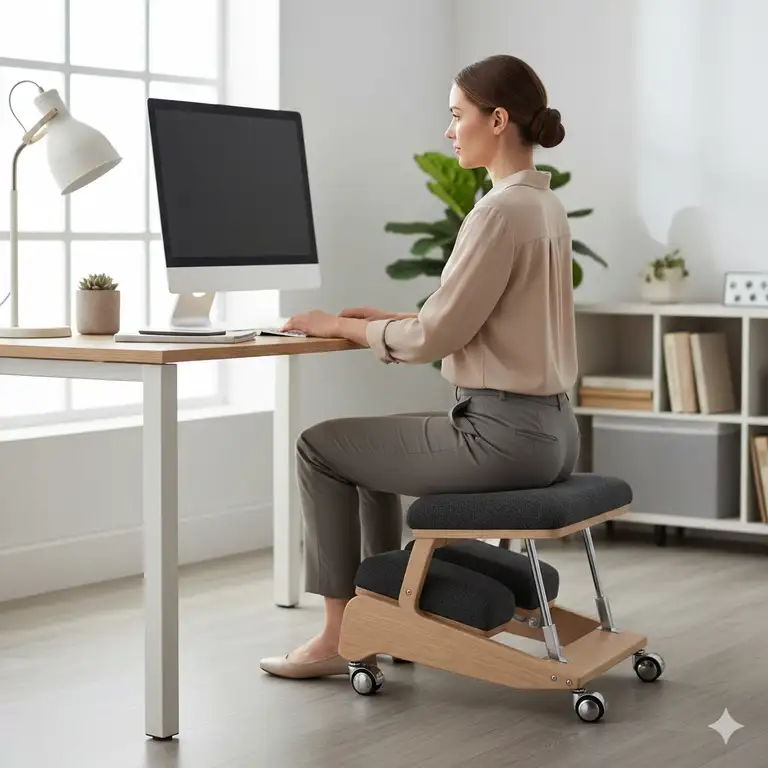 A professional ergonomic kneeling office chair in a modern home office desk setup to improve sitting posture.