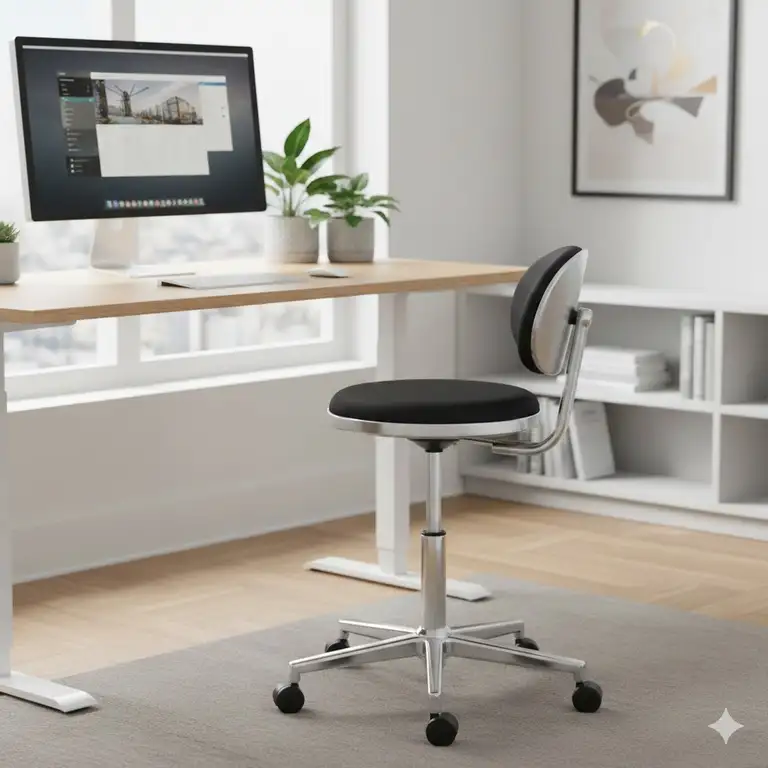 A professional home office setup featuring a modern ergonomic backless chair at a standing desk.