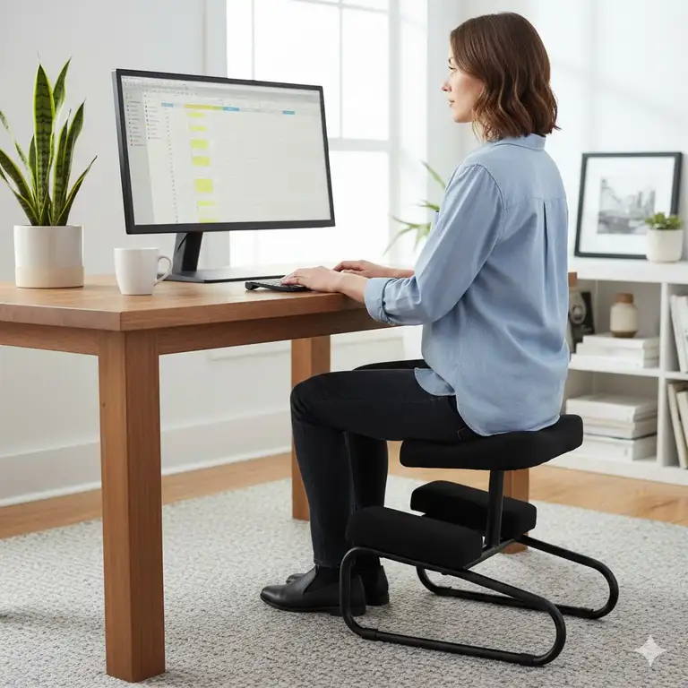 A professional office setup featuring a person using an ergonomic kneeling stool to maintain a healthy sitting posture.