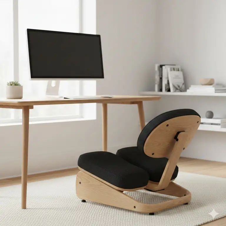 A professional home office setup featuring a modern wooden kneeling chair with back support for better ergonomics.