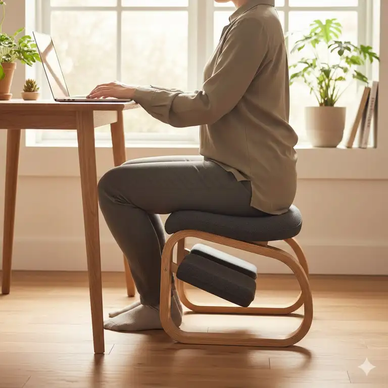 A person sitting on a modern ergonomic kneeling chairs at a wooden desk in a bright home office.