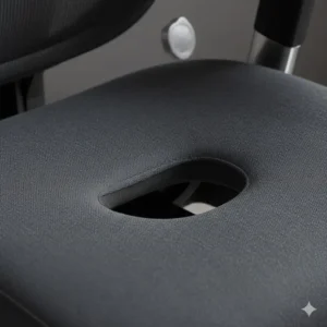 Close-up view of the coccyx cutout design on a chair, a key feature of the best office chair for tailbone pain.