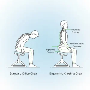 Illustration comparing spinal alignment between a standard office chair and ergonomic kneeling chairs.