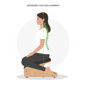 Side view illustration of a person maintaining perfect spinal posture on a kneeling chair with back support.