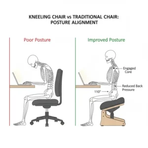 Illustration comparing spinal alignment between a traditional office chair and a kneeling office chair.