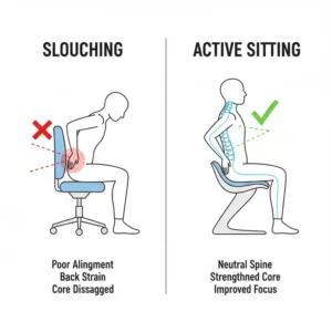 A side-by-side comparison showing improved spinal alignment when using an ergonomic backless chair.