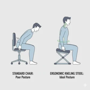 Detailed posture mechanics diagram illustrating how an ergonomic kneeling stool aligns the spine and opens the hip angle.