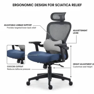 Illustration highlighting the lumbar support, coccyx cutout, and adjustable height of the sciatica chair for proper spinal alignment.