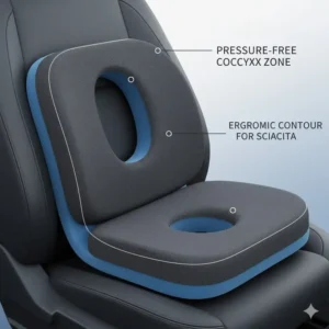 Close-up view of a U-shaped memory foam car seat cushion designed to relieve pressure on the tailbone (coccyx) for sciatica relief.