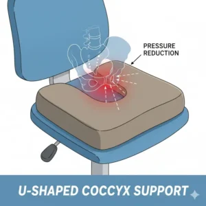 A technical drawing showing the U-shaped cutout of a tailbone pain cushion to highlight coccyx pressure relief.