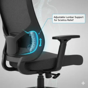Close-up of an adjustable lumbar support, showing the mechanism that helps to alleviate pressure associated with best chair for sciatica pain.