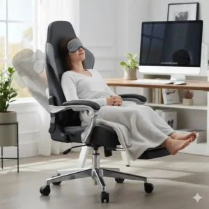 A close-up view of the reclining computer chair fully extended to a 170-degree angle, demonstrating the perfect position for a power nap.