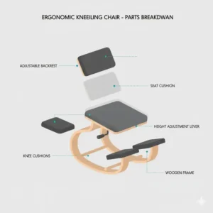 Detailed diagram showing the different parts and high-quality materials of a kneeling chair with back support.