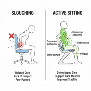 Diagram highlighting core muscle engagement and active sitting on an ergonomic backless chair.