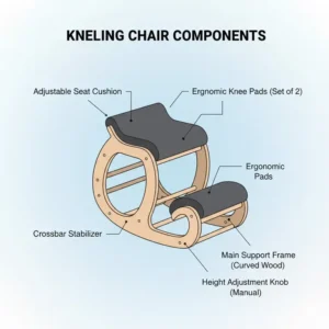 A labeled diagram showing the seat cushion and knee pads of professional kneeling chairs.