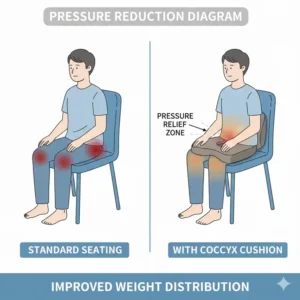 A pressure mapping diagram illustrating how a tailbone pain cushion redistributes weight while sitting.