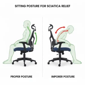 Diagram demonstrating the proper sitting posture when using a sciatica chair to reduce pressure on the sciatic nerve.