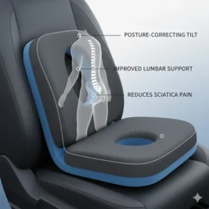 Side view of an ergonomic wedge seat cushion, which helps tilt the hips forward to improve posture and reduce sciatica symptoms while driving.