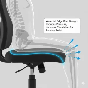 Diagram illustrating the ergonomic benefits of the waterfall edge seat design found on the best chair for sciatica pain, helping to reduce leg pressure.