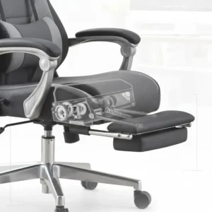 Detailed illustration showing the pull-out footrest mechanism beneath the seat of the reclining computer chair design.