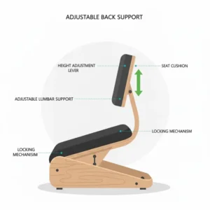 Close-up shot showing how to adjust the ergonomic features of a kneeling chair with back support.