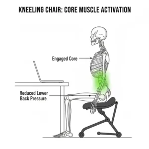 Illustration showing how a kneeling office chair engages core muscles and reduces lower back pressure.