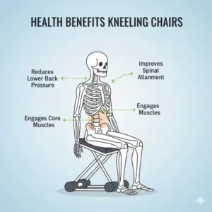 Illustration showing how kneeling chairs reduce lower back pressure and improve core engagement.