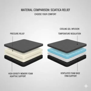 Comparison showing the supportive layers of a memory foam cushion versus a cooling gel or ventilated cushion, outlining the pros for alleviating sciatica pain.