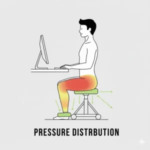 Technical guide on body weight and pressure distribution when sitting on a professional ergonomic kneeling stool.